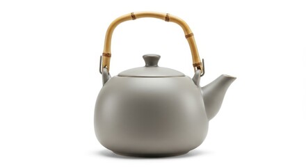 Ceramic beverage pot featuring a natural bamboo swing handle isolated on white