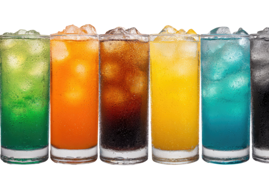 Colorful drinks with ice. Clear glasses filled with various brightly colored drinks, each topped with ice cubes. A row of different-hued beverages, from green to orange, brown, yellow, and blue.