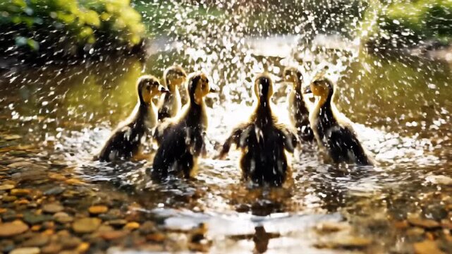 Ducklings scatter from a thrown rock creating a big splash in a natural clear stream, video footage.