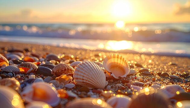 Seashells scattered on a sandy beach with gentle ocean waves during a golden sunrise casting warm light and sparkling reflections