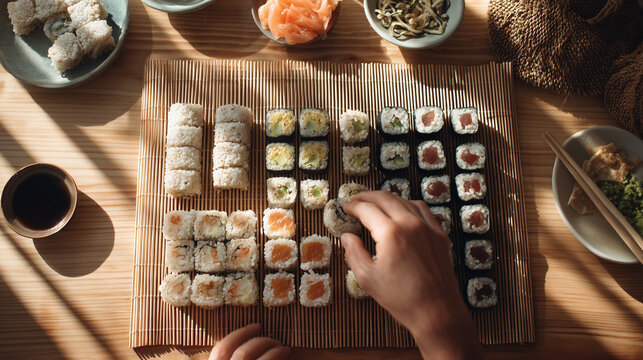 Hands arranging an assortment of sushi rolls on a bamboo mat with side dishes and soy sauce, warm natural light highlighting the setup.