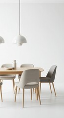 Fototapeta premium Modern dining room setting features wooden table and upholstered seating illuminated by pendant lamps