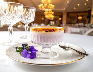 Elegant dessert composition on table with glassware and floral decoration