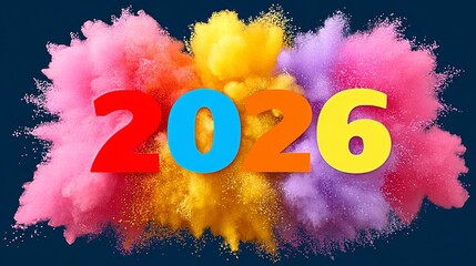 Colorful explosion of vibrant powder with bold numbers representing the year 2026, creating a festive atmosphere, ideal for celebrations, events, and promotional materials showcasing new beginnings