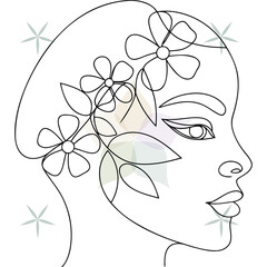Minimalist continuous line art a woman's profile adorned with flowers leaves abstract beauty single lineart