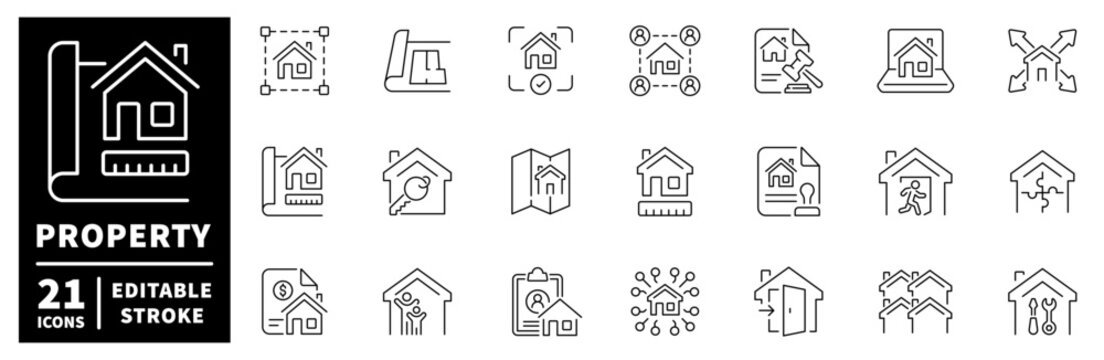 Property and real estate editable line icons set. home buying and investment symbols
