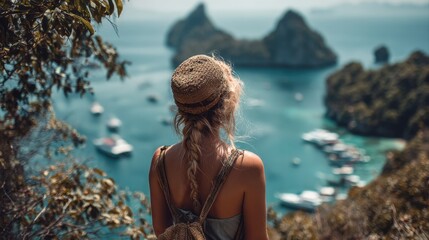 woman admiring tropical bay islands boats
-
