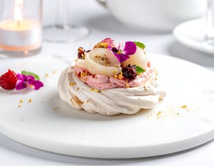 Elegant dessert pavlova with fruit and cream on white plate