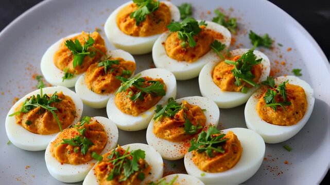 Delicious Deviled Eggs Appetizer Platter with Parsley Garnish.