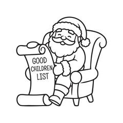 Christmas Santa holding a good children list vector. Fun coloring page illustration for kids