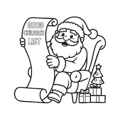 Obraz premium Santa Claus reading his good children list. Cute Christmas coloring page design for kids, perfect for holiday cards and festive creative projects