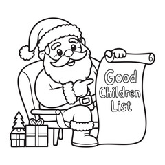 Santa Claus line drawing with good kids list. Christmas coloring page for children and holiday crafts