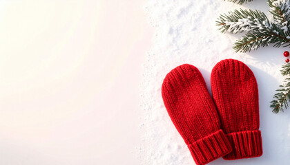 雪の上に赤いミトンとモミの枝が添えられた冬とクリスマスを感じさせるシンプルな構図