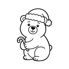 Cute polar bear with Christmas hat and candy cane.  Vector coloring page