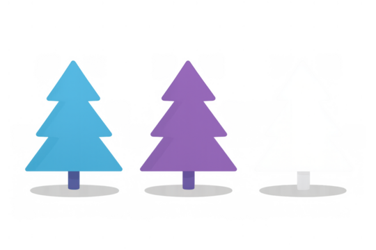 Stylized christmas trees vector illustration set in blue, purple, and white colors with transparent background