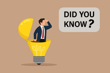 did you know illustration with businessman coming out of light bulb idea with megaphone and speech bubble saying did you know?, expert information, explanation or solution, useful tip or knowledge