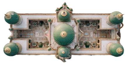  Drone view of Multan Sufi shrine arches with ancient architecture blue tiles and cultural heritage monument isolated on white background