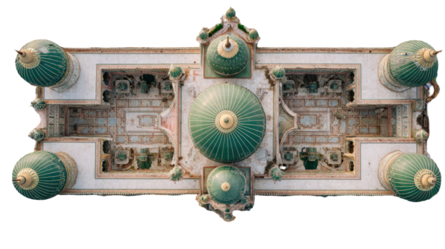  Drone view of Multan Sufi shrine arches with ancient architecture blue tiles and cultural heritage monument isolated on white background