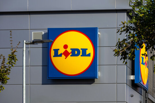Lidl logo on a facade of a famous food chain store building outside on a street in Belgrade capital of Serbia