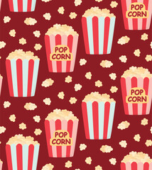 Seamless colorful pattern with popcorn. Background with fast food packaging