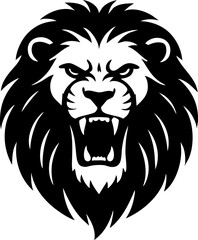Black silhouette of a roaring lion head drawn in bold flat vector style.