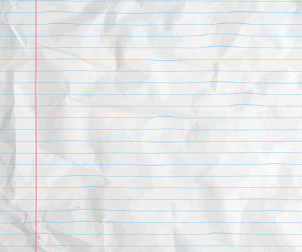 Notebook sheet with red margins. Paper background with line pattern and crumpled texture. Realistic diary bg design for craft, scrapbook or school collage and education with soft fold details. Vector