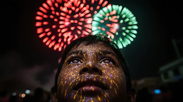 Young boy looking at fireworks in the night sky with wonder