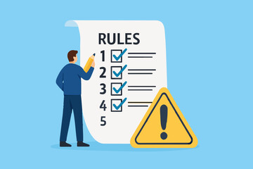 Rules and regulations, policy and guideline for employee to follow, legal term, corporate compliance or laws, standard procedure concept, businessman finish writing rules and regulations document.