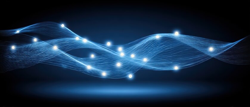 Abstract digital wave pattern with glowing points and flowing lines representing technology and data connection background
