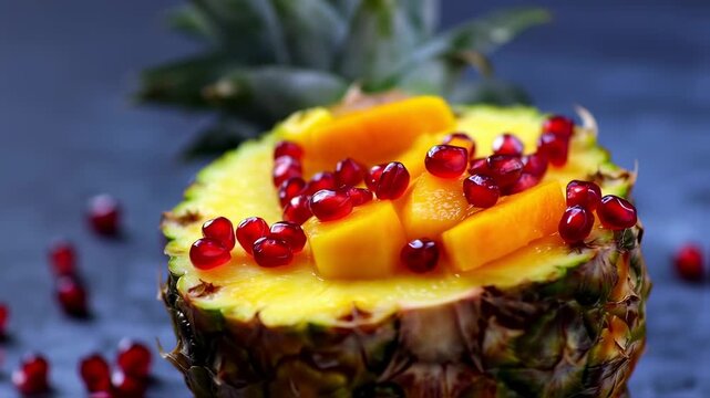 Delicious pineapple fruit salad with pomegranate seeds and mango chunks.
