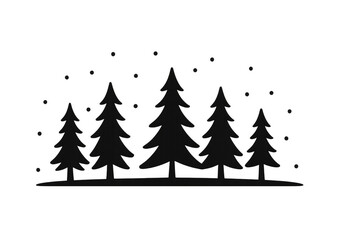 Fototapeta premium Pine trees forest creating a winter night scene with falling snow. Black silhouette on transparent background