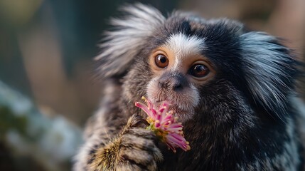 Close up of a marmoset monkey holding a pink flower with its paws and looking at the camera