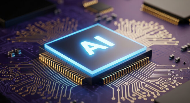 Artificial Intelligence Chip Close Up of a Microprocessor with the AI Designation Illuminated in Blue on a Complex Circuit Board with Golden Traces and Dark Background