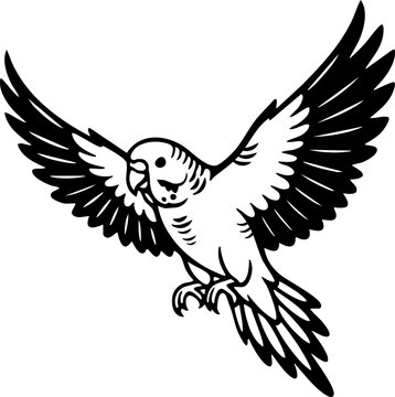Black silhouette of a flying parakeet in flat vector illustration.