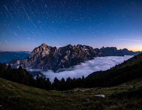 A breathtaking night scene of towering peaks emerging from a sea of clouds under a starry sky with star trails - Powered by Adobe