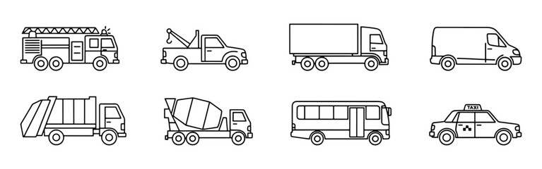 A set of outline icons depicting various service and commercial vehicles, suitable for transport themes.