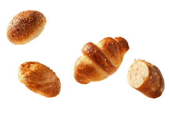 Assorted fresh bread and croissant selection with golden crust isolated on transparent background