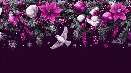 Festive Christmas and New Year's Greeting Card with Floral Decorations. Beautiful illustration features Christmas and New Year greeting card with floral decorations, dove, and deep purple background