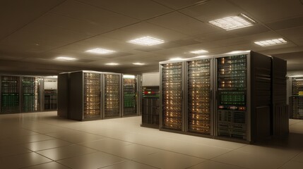 Modern data center with multiple server racks filled with blinking LEDs in a spacious technical environment