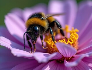 Close up of a bumblebee collecting nectar from a vibrant pink flower