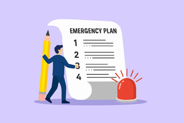 Business emergency plan concept, checklist to do in disaster, continue business and build resilience concept, smart businessman leader holding pencil with emergency plan paper flashing siren.