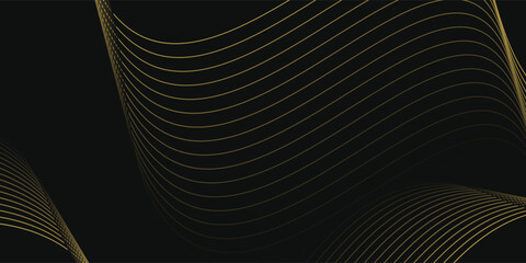 Abstract luxury with shining gold lines waves on black background. Futuristic background