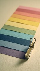 Discover your perfect palette with this vibrant spectrum of paper swatches elegantly arranged and held by a sleek metallic clip, inspiring creativity and design.