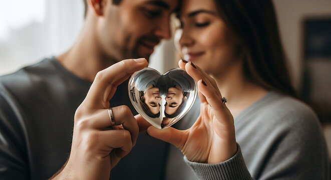 Couple's Reflection in Heart Shaped Crystal Symbolizing Shared Love