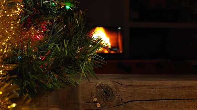 Cozy Christmas Fireplace Scene with Wreath and Tinsel 