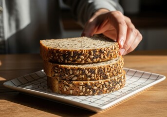 Close up of Hand Stacking Bread Slices on Plate with Seeds on Wooden Tabletop