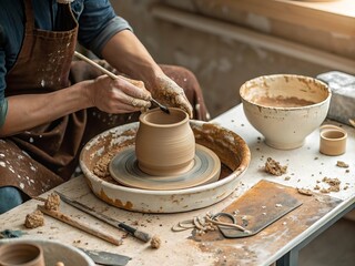 Hands expertly shaping wet clay on a pottery wheel creating a unique vessel during a creative hobby session