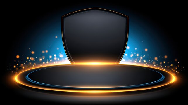 Futuristic black shield with glowing orange sparks and dynamic light effects highlighting security technology and protection concept