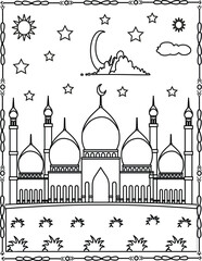 Beautiful Mosque Coloring Page. Islamic Art with Moon and Stars, Ramadan and Eid Coloring Design for Kids.