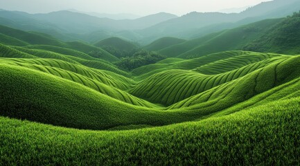 Lush green hills, terraced fields, tranquil landscape